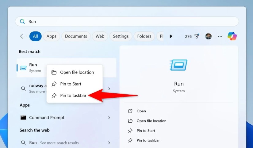 &ldquo;Pin to Taskbar&rdquo; highlighted for Run in Windows Search.