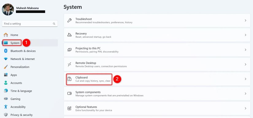 &ldquo;System&rdquo; and &ldquo;Clipboard&rdquo; highlighted in Settings.