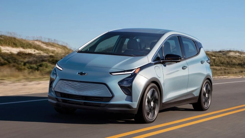 Front 3/4 action shot of a 2022 Chevrolet Bolt EV
