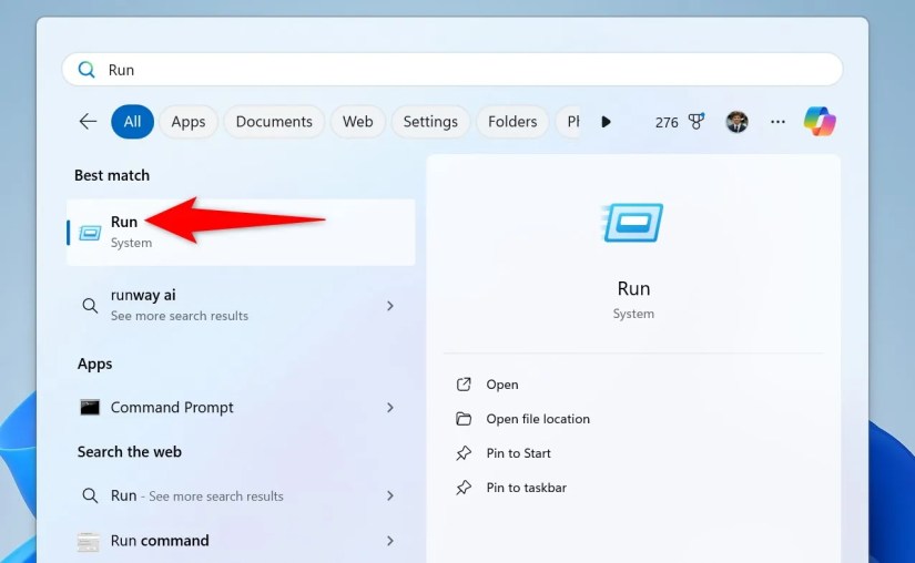 &ldquo;Run&rdquo; highlighted in Windows Search.