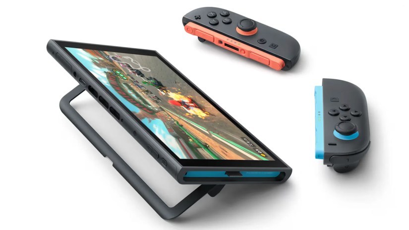 Nintendo Switch 2&rsquo;s top frame with all the ports, along with the kickstand on its back and the Joy-Cons detached.