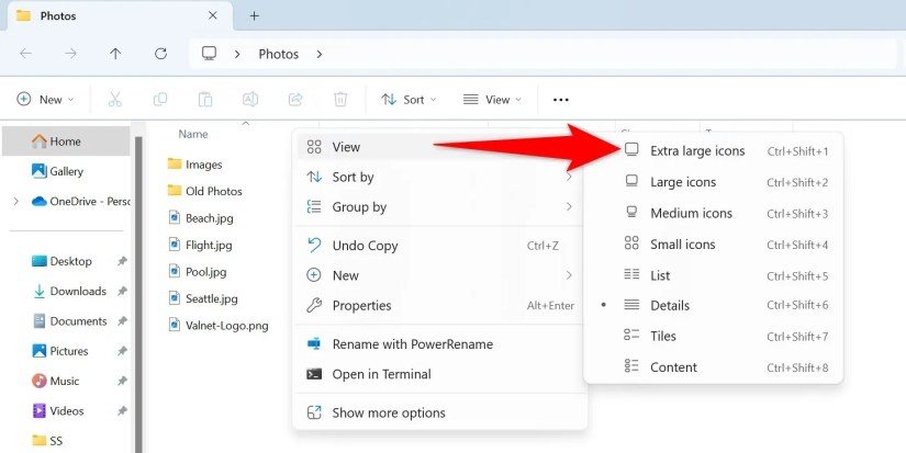 View &gt; Extra Large Icons highlighted in File Explorer.