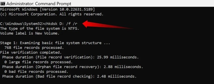 Running the Check Disk command in Command Prompt on Windows.