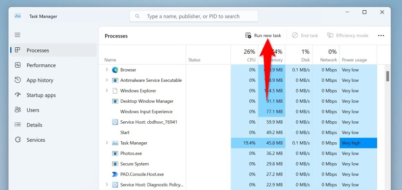 &ldquo;Run New Task&rdquo; highlighted in Task Manager.