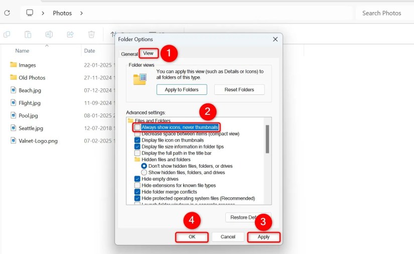 Various options highlighted on the &ldquo;Folder Options&rdquo; window.