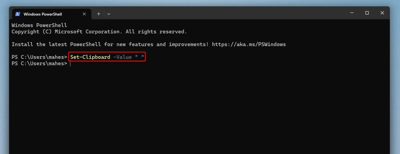 The command to overwrite clipboard content typed in PowerShell.