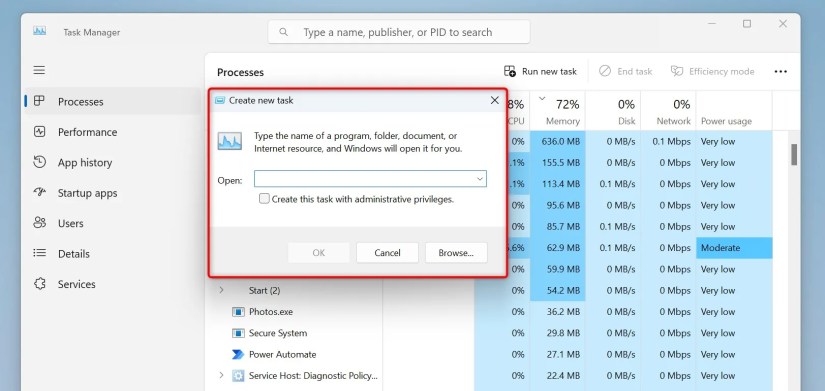 The &ldquo;Create New Task&rdquo; window highlighted.