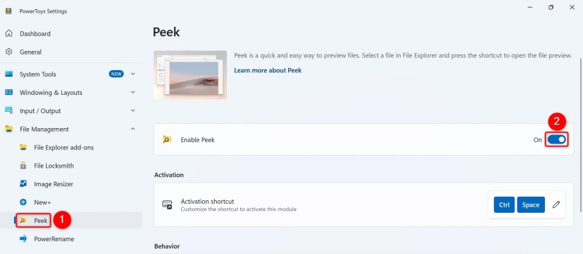 &ldquo;Peek&rdquo; and &ldquo;Enable Peek&rdquo; highlighted in PowerToys.
