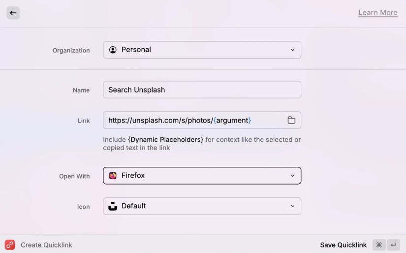 Setting up a built-in Quicklink in Raycast on a Mac.