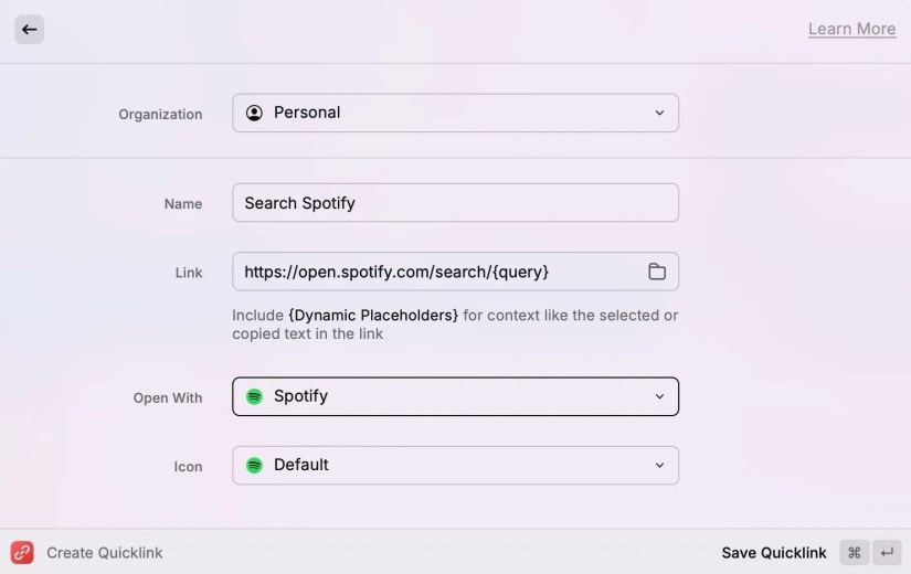Creating a custom Quicklink in Raycast on a Mac.