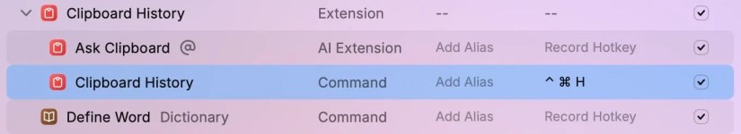 Assigning a hotkey to Raycast&rsquo;s Clipboard History action.