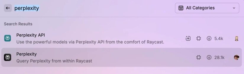 Looking up and installing the Perplexity chatbot extension via Raycast search.