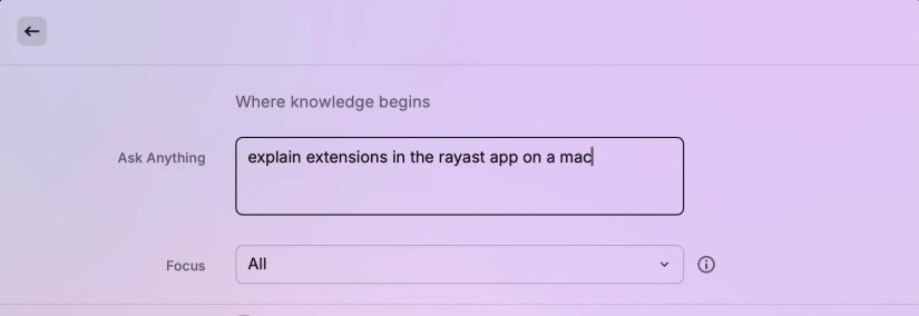 Accessing and askgin Perplexity a question via the Raycast search on a Mac.