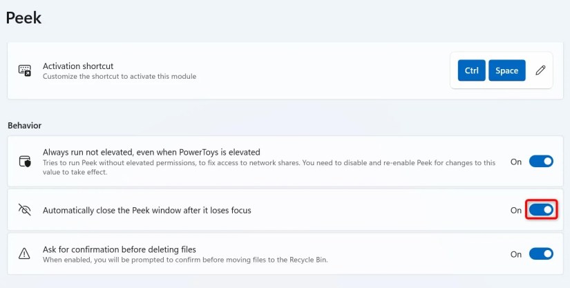 &ldquo;Automatically Close the Peek Window When It Loses Focus&rdquo; highlighted in PowerToys.