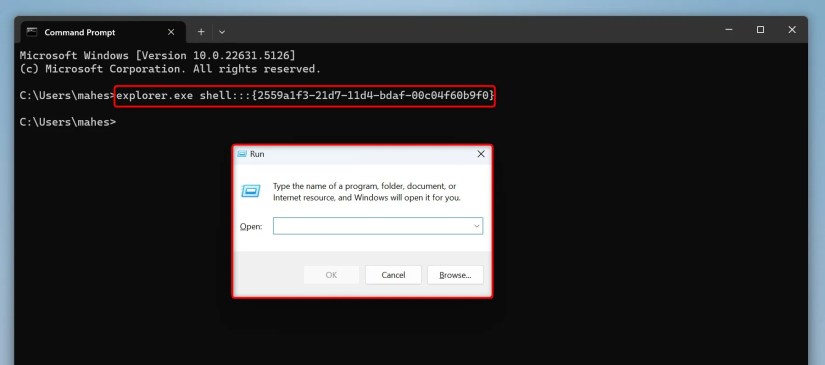 The command to open Run typed in Command Prompt.