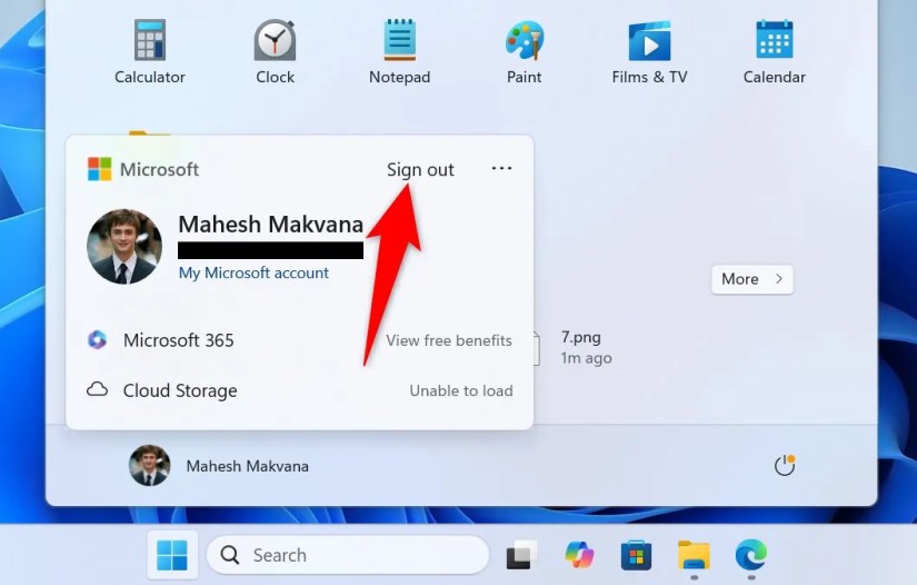 &ldquo;Sign Out&rdquo; highlighted in the user panel of the Start Menu.