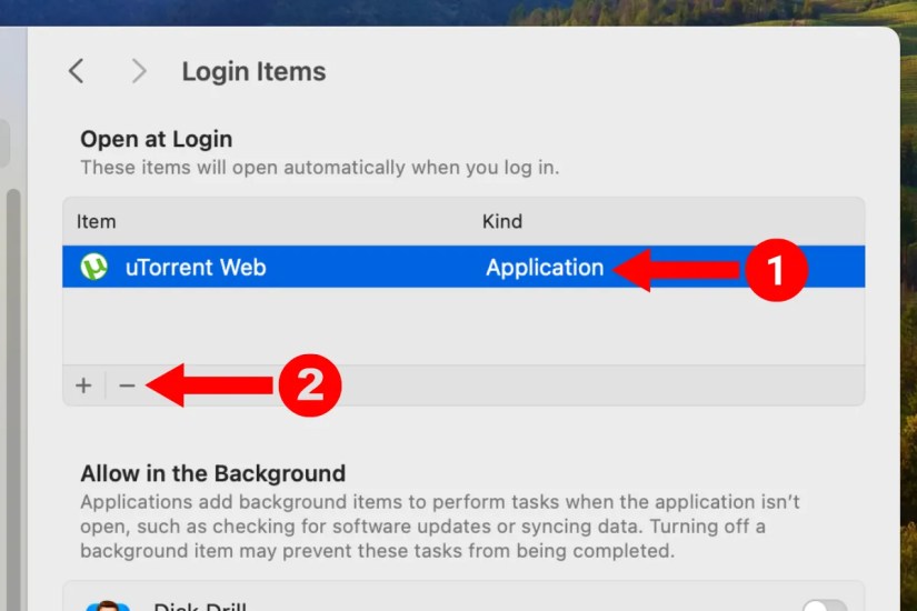Screenshot of the Login Items menu in the settings of a MacBook with arrows next to an app&rsquo;s name and the minus button.