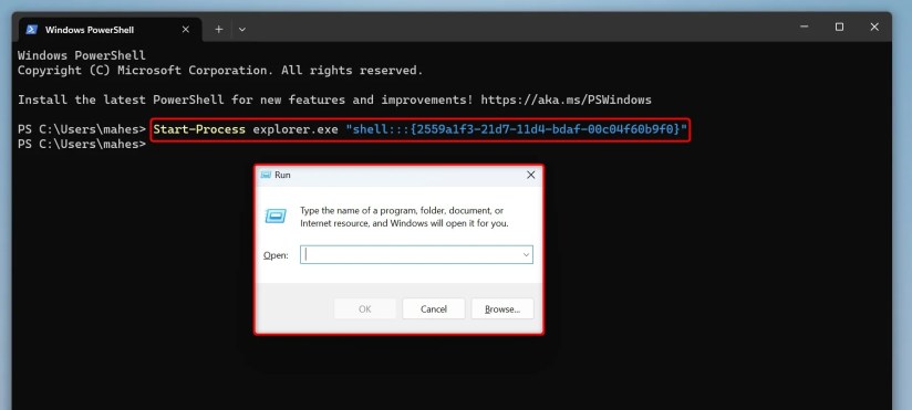 The cmdlet to open Run typed in PowerShell.