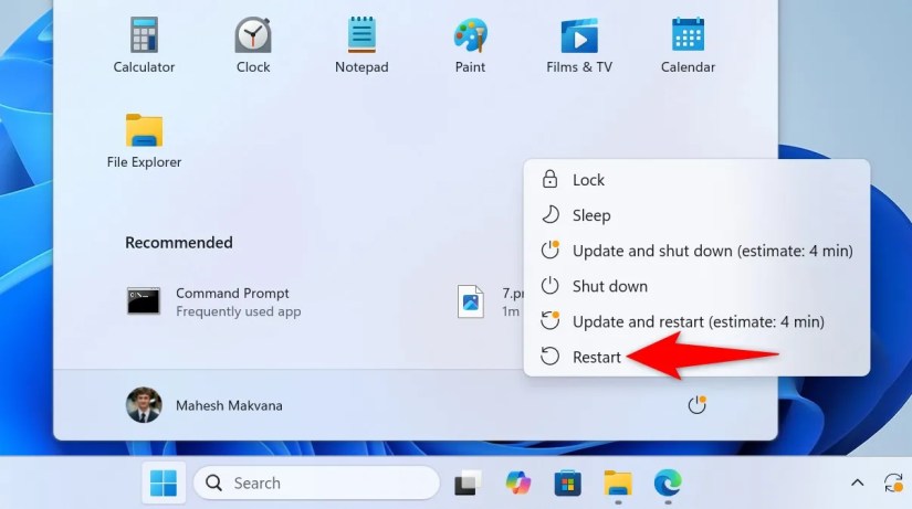 &ldquo;Restart&rdquo; highlighted in the Power submenu of the Start Menu.
