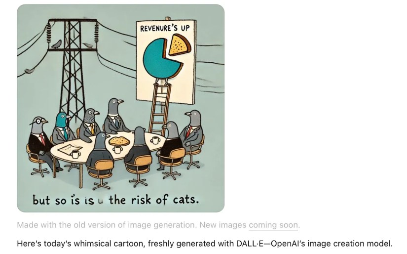 A cartoon generated in a ChatGPT scheduled task with a note that it is using the old version of image generation.