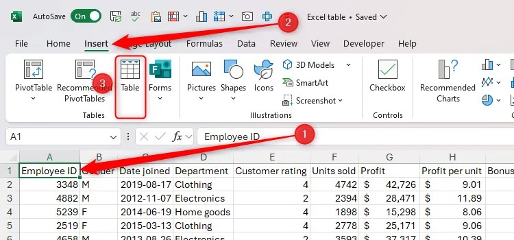 A cell in some data in Excel is selected, and the Table button in the Insert tab on the ribbon is highlighted.