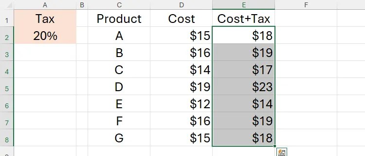 A formula containing an absolute reference in Excel is completed down all active rows in column E.