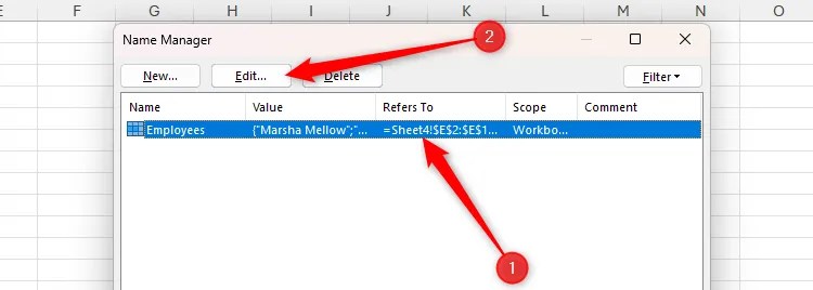 A name in Excel&rsquo;s Name Manager dialog box is selected, and the Edit button is highlighted.