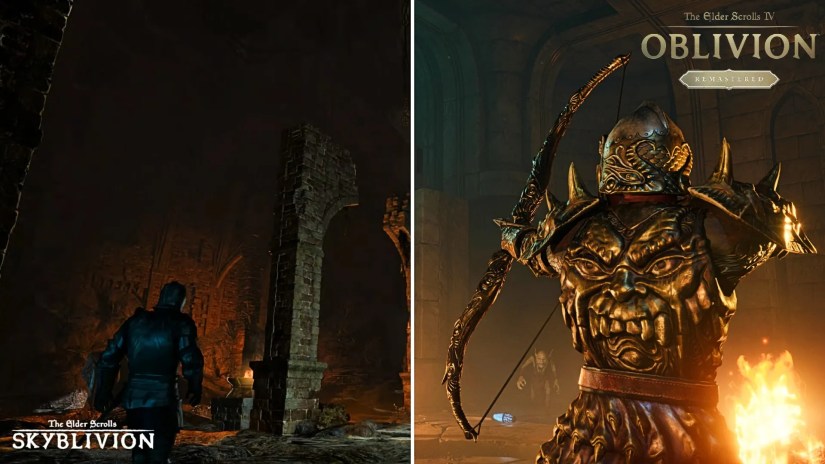 A player in a dungeon from The Elder Scrolls IV Oblivion Remastered on the right of a player in a dungeon in Skyblivion.