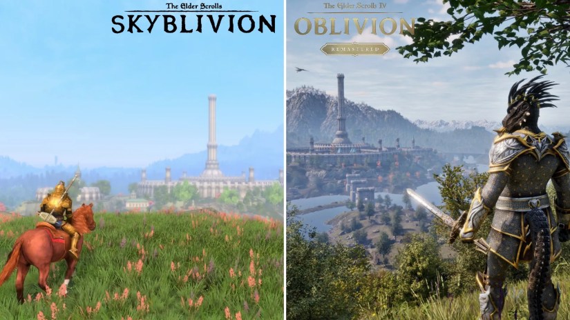 A player in front of the Imperial City in from The Elder Scrolls IV Oblivion Remastered on the right of a player in front of the Imperial City in Skyblivion.
