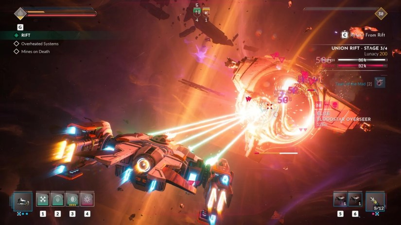 A space ship shooting at a bigger ship in Everspace 2.
