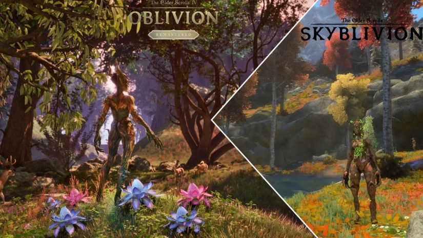 A spriggon in the forest from The Elder Scrolls IV Oblivion Remastered on the left of a Spriggon in the forest near a pond in Skyblivion.