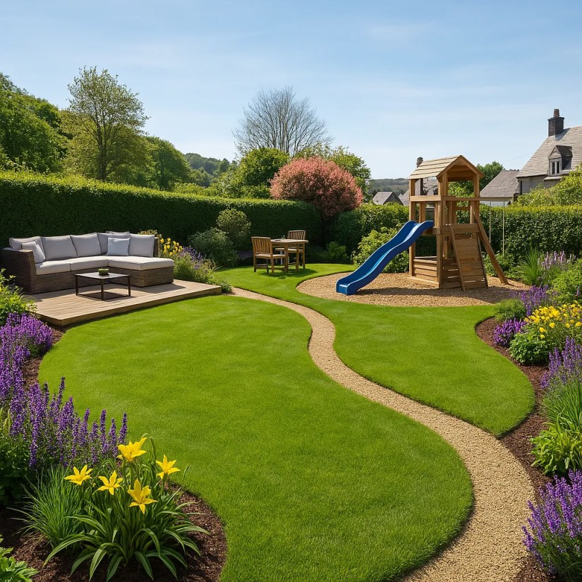 A visualization of a garden with flower beds generated from a photo using ChatGPT.