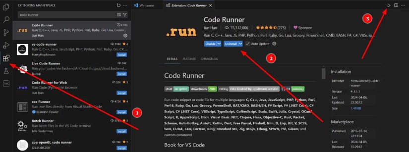 Adding the code runner extension to VS Code.