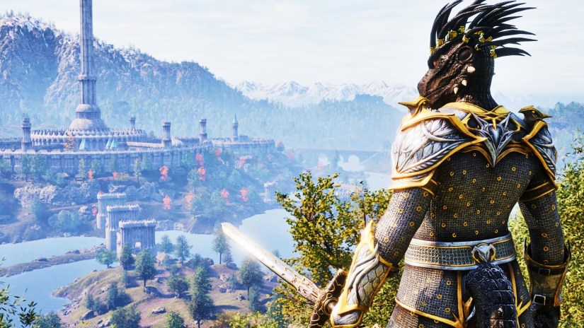 An argonian in full armor holding a sword standing in front of The Imperial City in The Elder Scrolls IV Oblivion Remastered.