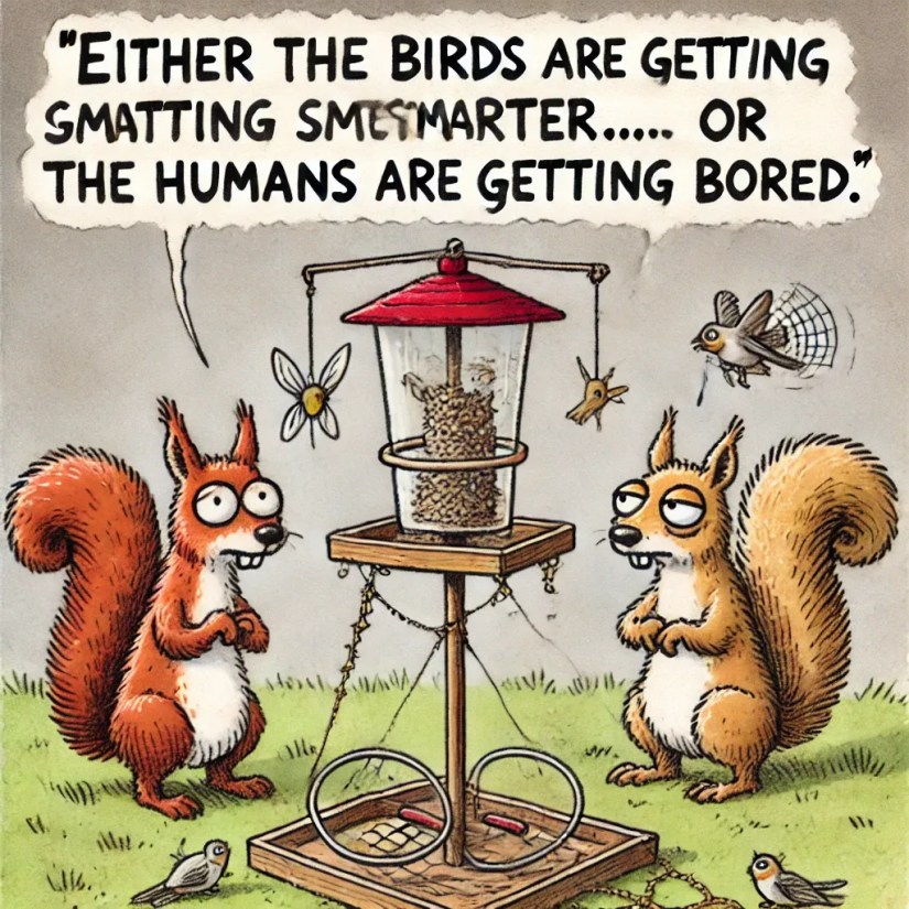 An cartoon about squirrels generated in ChatGPT using DALLE with mangled and repeated text.