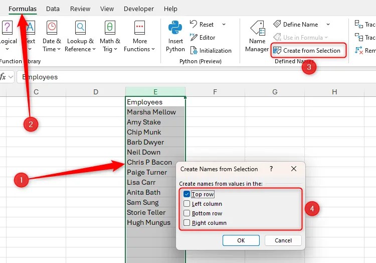 An Excel range is selected, and Top Row is selected in the Create From Selection dialog box.