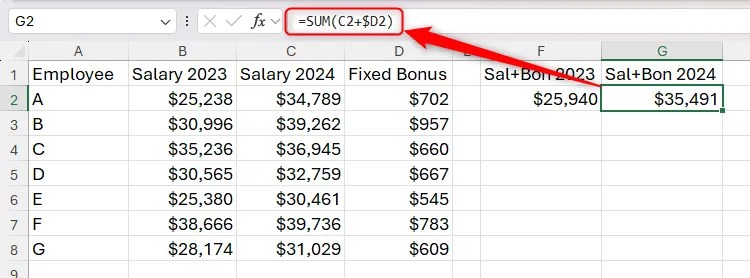 An Excel sheet containing a formula with a mixed reference that has adjusted according to the column in which the formula is typed.