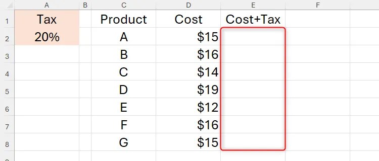 An Excel spreadsheet with the empty column headed Cost Plus Tax highlighted.