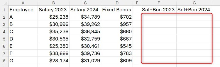 An Excel spreadsheet with two empty columns where the sum of employees' salaries and bonuses will be calculated.
