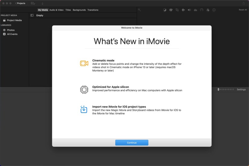 iMovie for Mac showing a splash screen highlight the latest features.