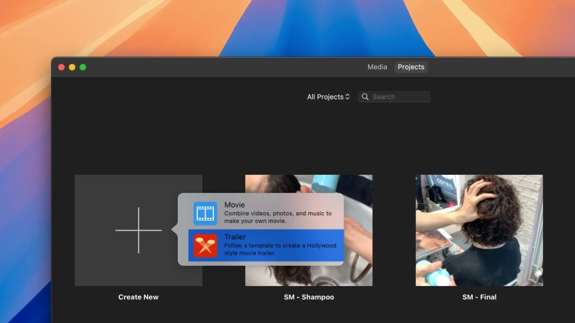 iMovie for Mac displaying the Projects screen with the option to create a new movie trailer selected.