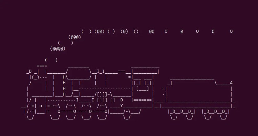 Screenshot of a terminal window showing an ASCII art steam locomotive moving across the screen, generated by the sl command.