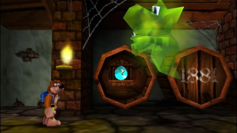 Banjo Kaoozie looking at a green ghost.