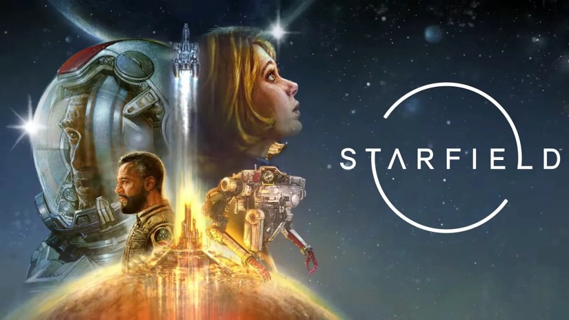 Characters from Starfield near a ship taking off near a planet.