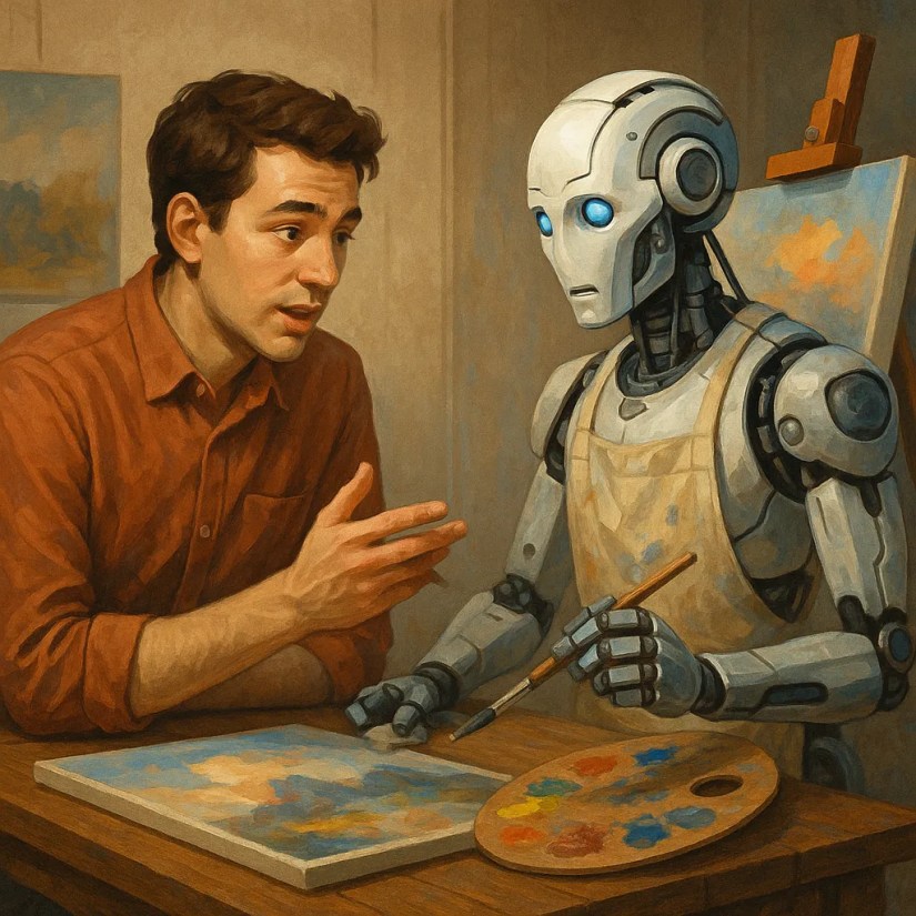 ChatGPT image of a man telling a robot what to paint.
