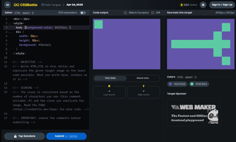 The CSSBattle web game shows two images, one a preview of CSS code alongside it, the other a desired result.