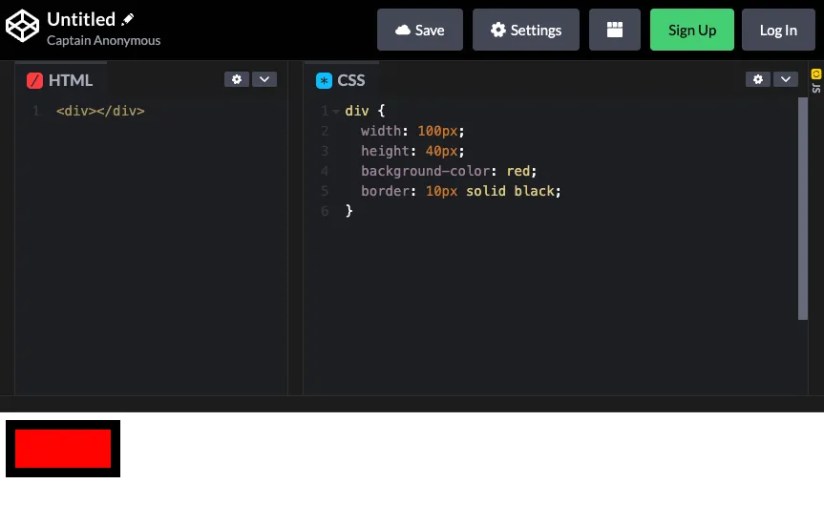 The codepen editor showing HTML and CSS panels with editable text and a preview of the result below.