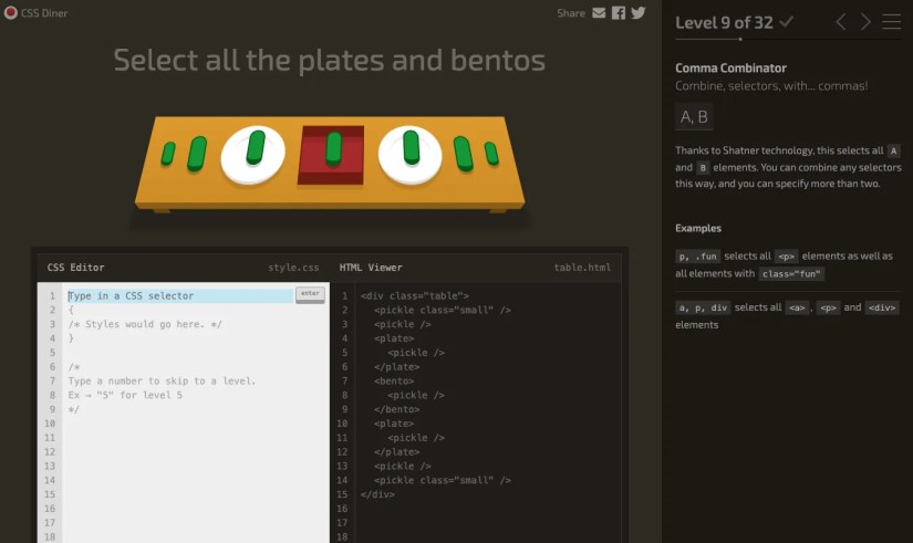 The CSS Diner web game shows a wooden tray holding a bento box, plates, and pickles.