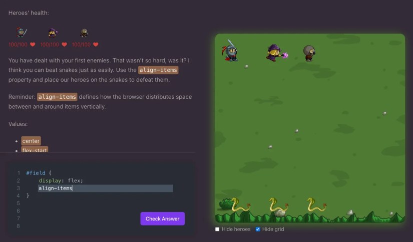 The Flexbox Adventure web game showing a field with characters at one end and snakes at the other. Instructions appear alongside, with a text box containing CSS code underneath.