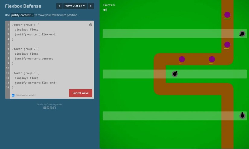 The Flexbox Defense web game showing a pathway with towers alongside it, enemy targets progressing along the path, and a text box with CSS code inside.